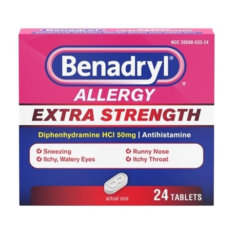 Front product pack shot of Benadryl Extra Strength allergy relief antihistamine medicine tablets